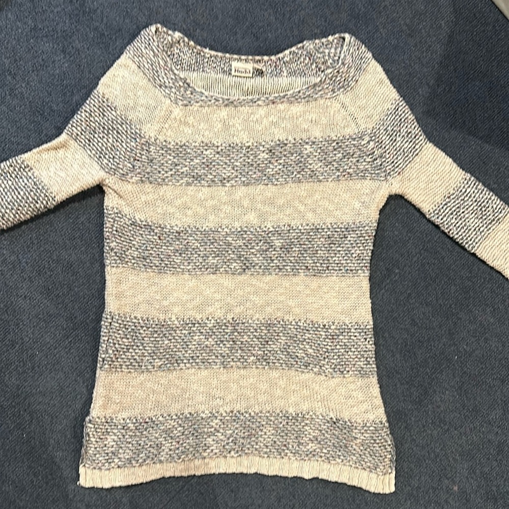 Mudd Sweater Cream Blue  Gray Stripe Small Long Off Shoulder Knit Crochet